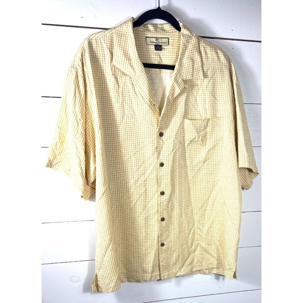 Tommy Bahama Mens XL Yellow Checkered 100% Silk Short Sleeve Button Shirt